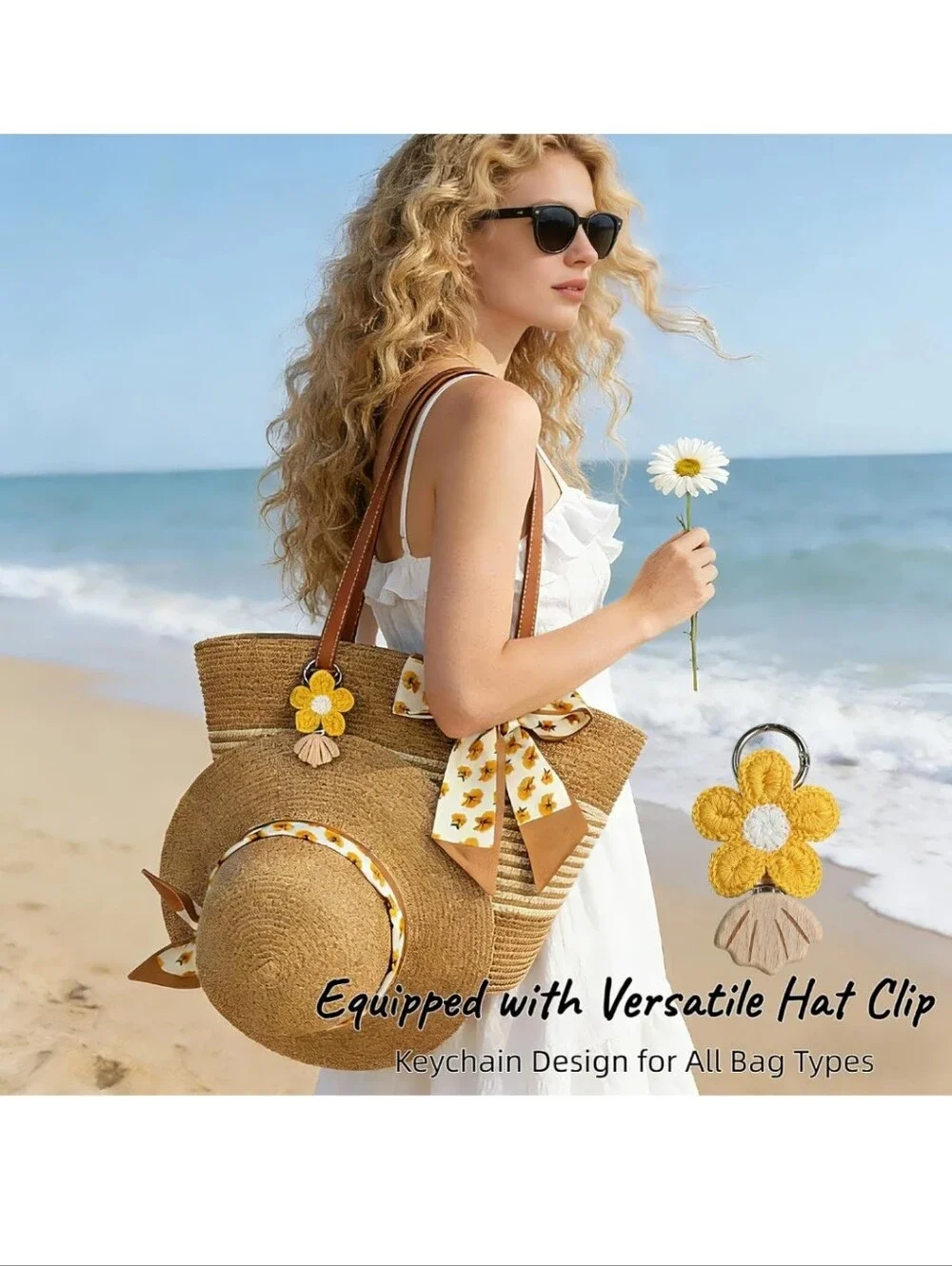 Straw Tote Bag in Tan with Yellow Flower Charm